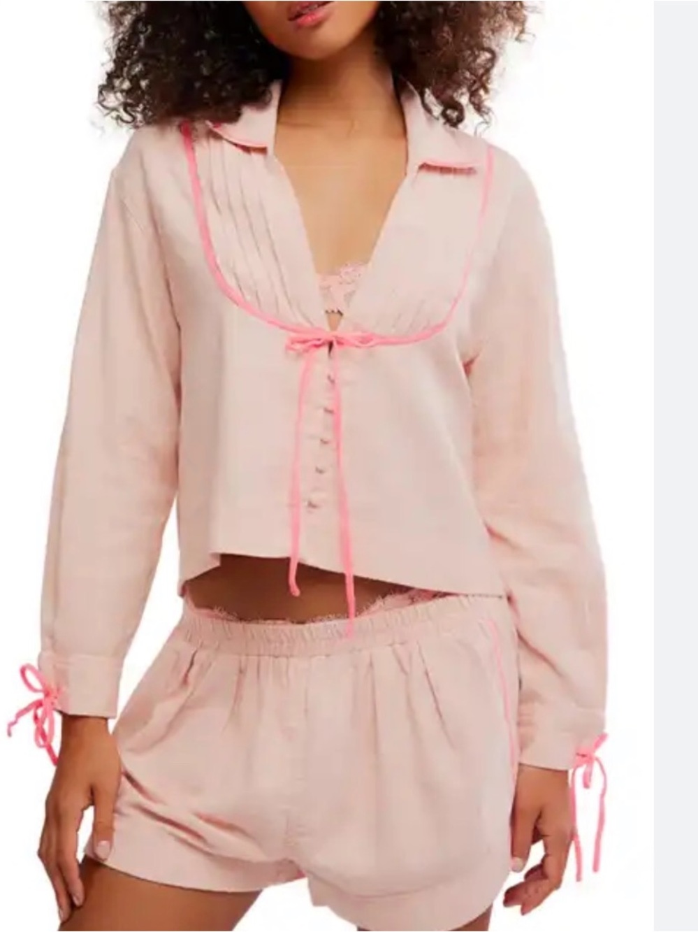 Free People Close to Home Flannel Short Pajamas Pink Neon Peach Lounge Set L